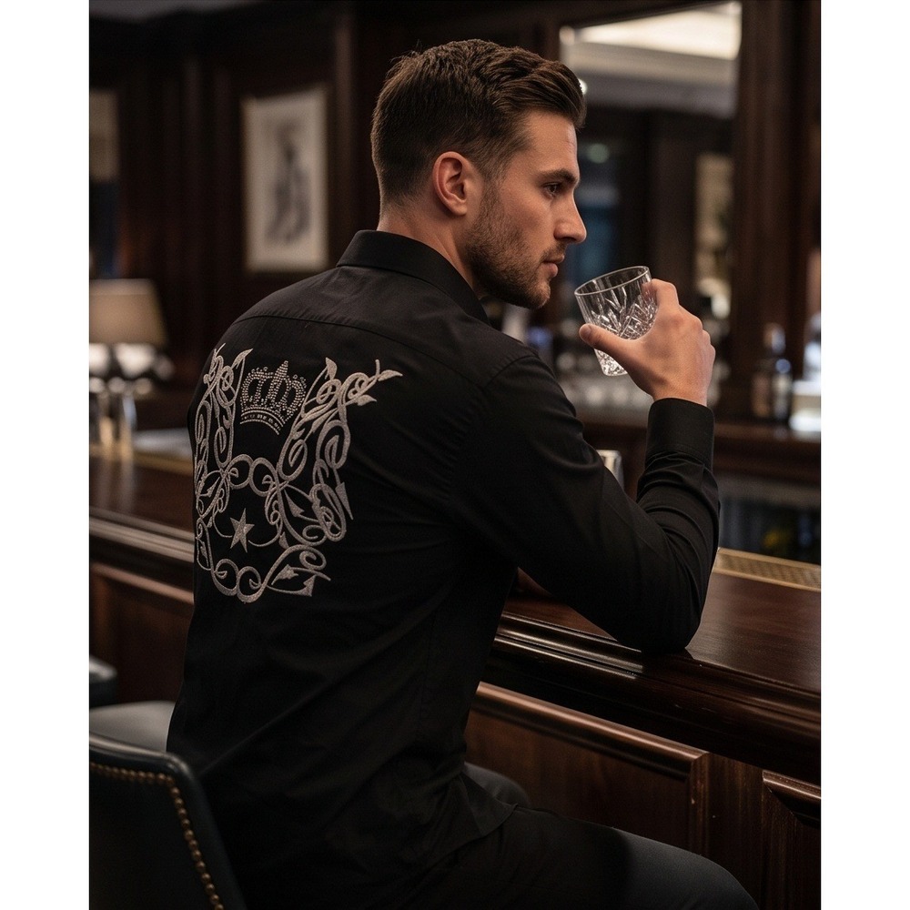 BBC Collection Mens XXXL Black Embroidered Crown Button Down Shirt Long Sleeve - Picture 4 of 14
